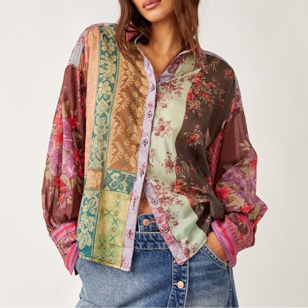 Free People We The Free Patchwork Floral Button Down Blouse Boho Cottagecore  XS